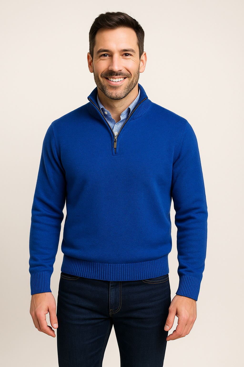 Man wearing a blue sweater over a collared shirt on a beige background