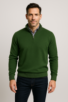 Man wearing a green sweater on a plain background