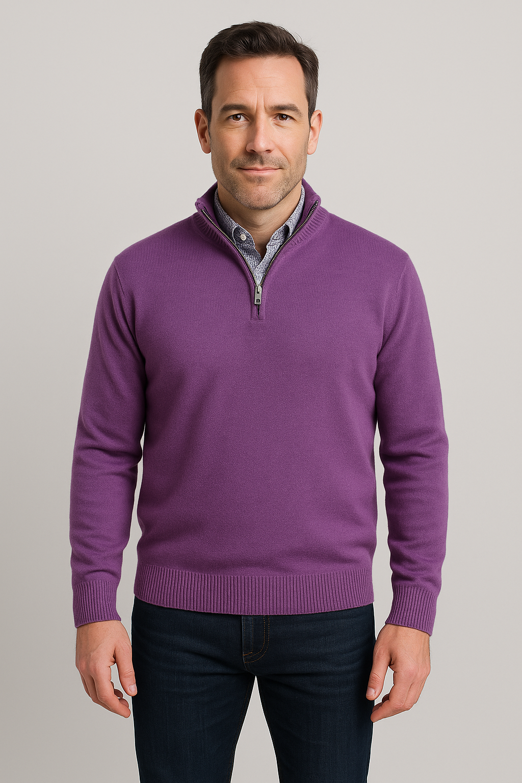 Man wearing a purple sweater with a gray background